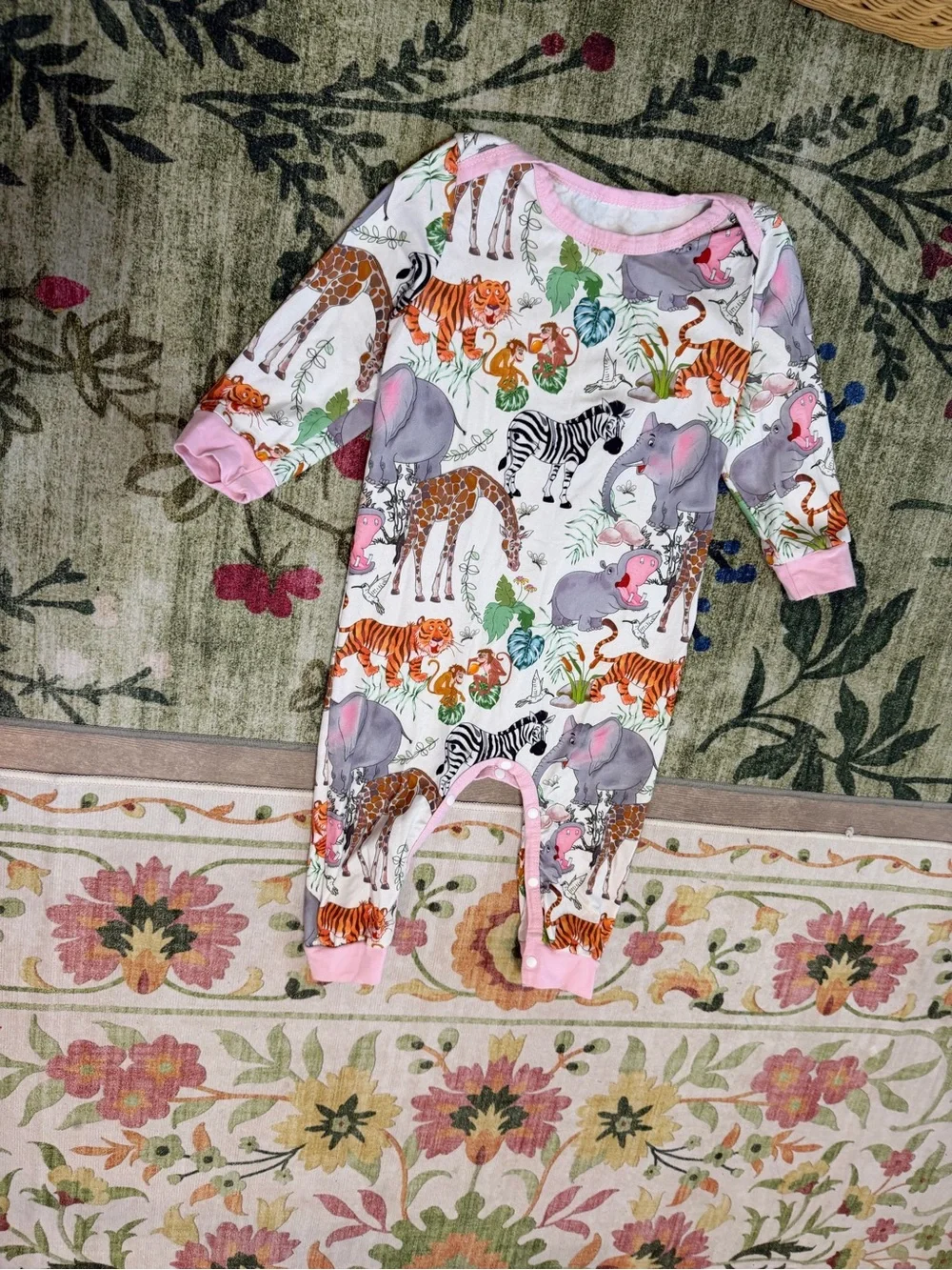 Pink-Trim Safari Animal Print Footie Pajamas for Kids